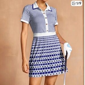 NWT Acegolf Blue and White Geometric Collared Mini Dress